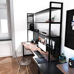 8V实书木书架一体桌电脑桌oft靠实木双人书桌架002墙长条桌工l作