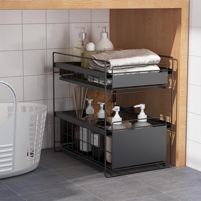 免打孔水式橱拉柜厨下房篮双层抽屉碗架抽拉调料架JU151514铁艺意