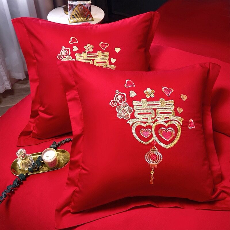 大红色纯棉婚庆抱枕套60*60刺绣靠垫套新娘陪嫁全棉新房结婚用品