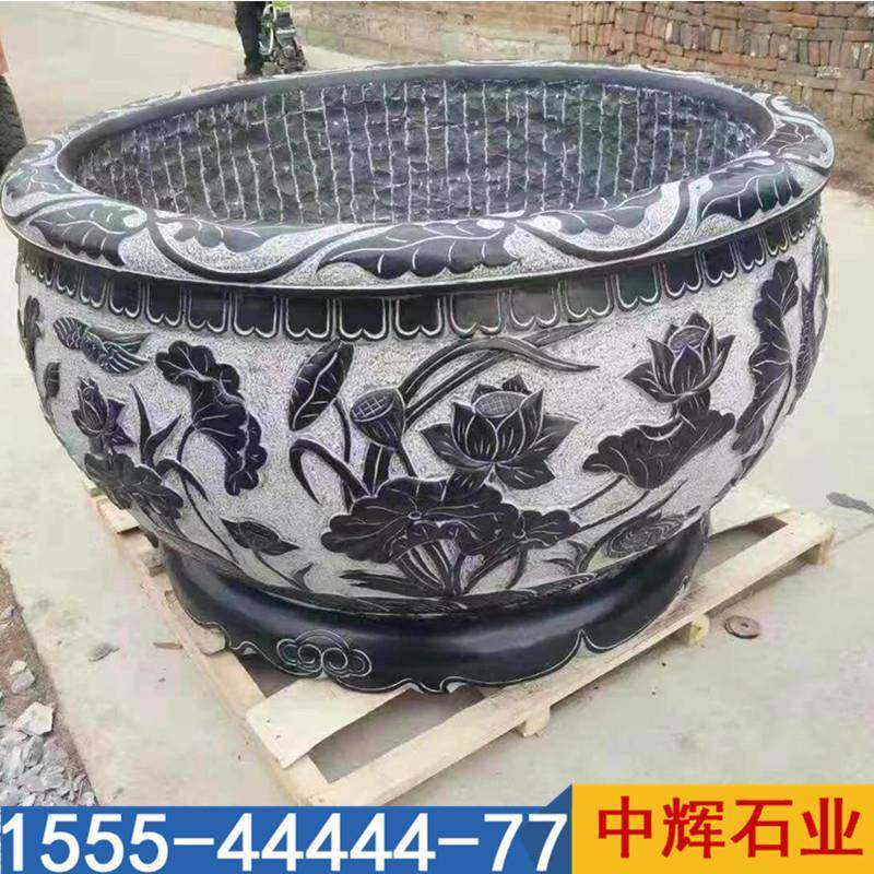 仿古道面石雕鱼缸錾园户公外荷石花养鱼缸圆形青石鱼3122915缸摆