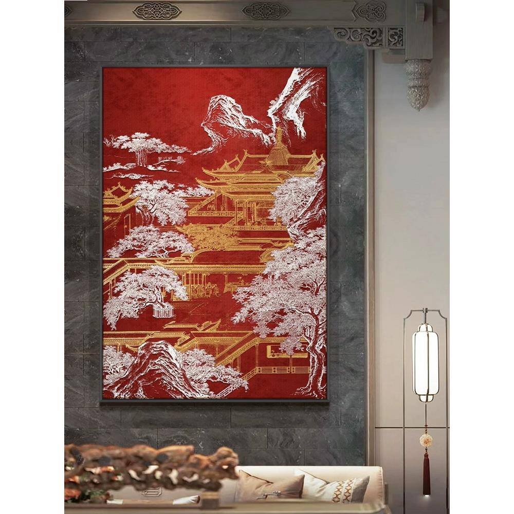 中山式客厅沙发风装饰画《河望岳图》餐厅浮雕肌景大幅竖XEM版理