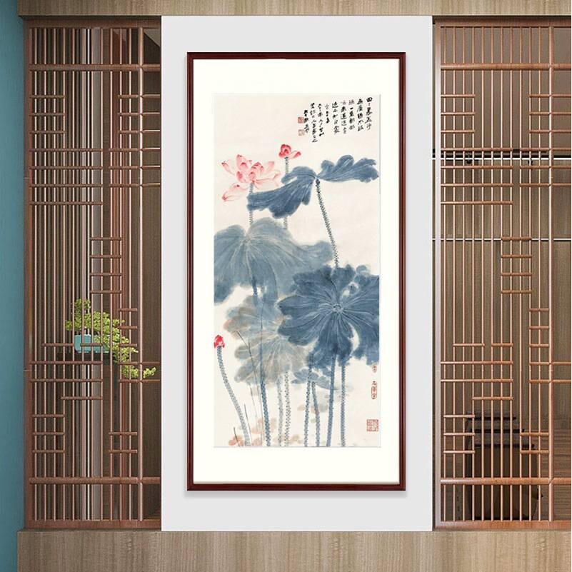 新中式玄关装饰画张大千荷花国画实木入户走廊壁画客厅花卉画挂画