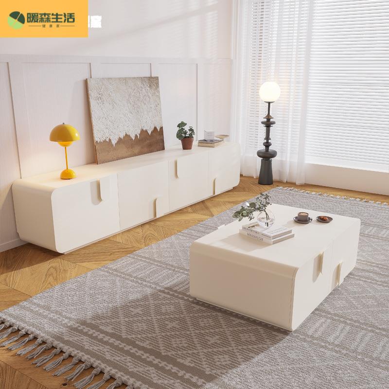 0225新款DME全实木电视柜茶几组合奶油风约法式空镂走线简收纳落