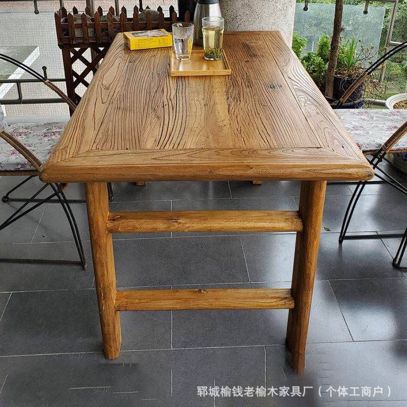老榆木茶桌实木书桌复古餐桌椅风化门板茶桌禅意功夫桌家用长条桌