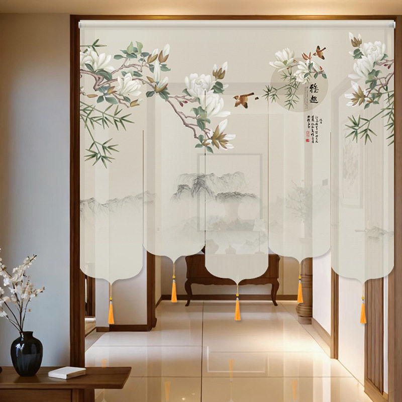 新中式门帘挂式屏风卷帘花鸟雅趣免打孔玄关挂帘茶室书房客厅隔断