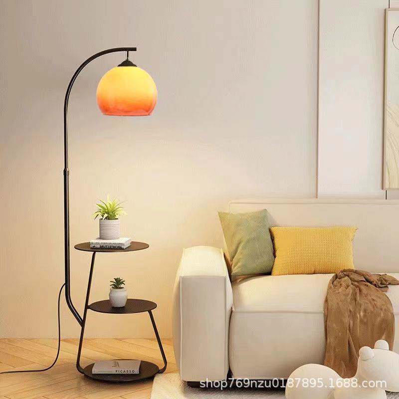 中古风柚子落地灯客厅沙发旁氛围感茶几美式复古卧室床头柜一体灯