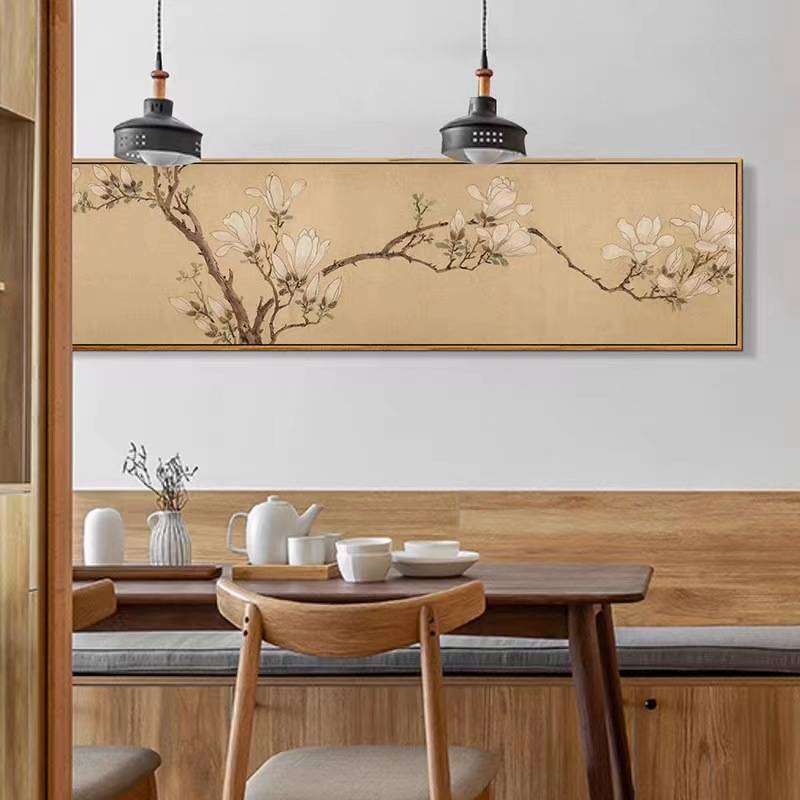 新中式卧室床头挂画文征明玉兰图卷横幅古画茶室装饰国画客厅壁画