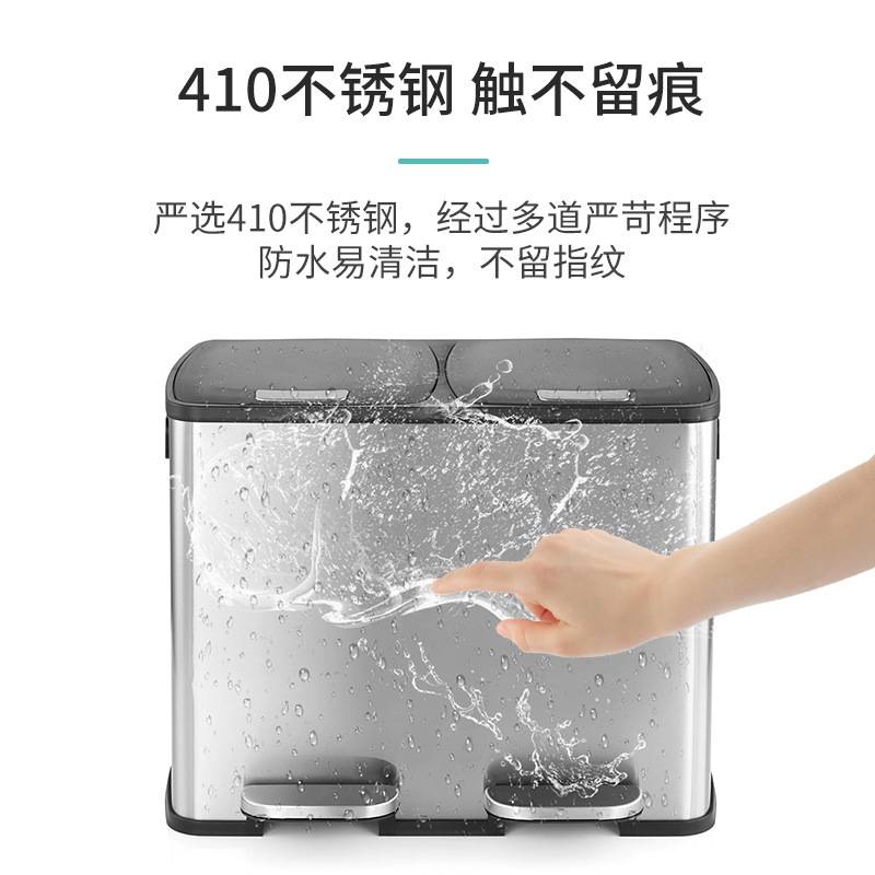 跨境脚踏式不锈钢垃圾桶静音商场酒店双桶三分类带盖缓降盒30L45L