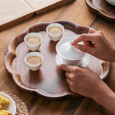 胡桃木茶创会馆泡盘新意梅HUT花型干果盘款餐厅整木托盘酒店实木