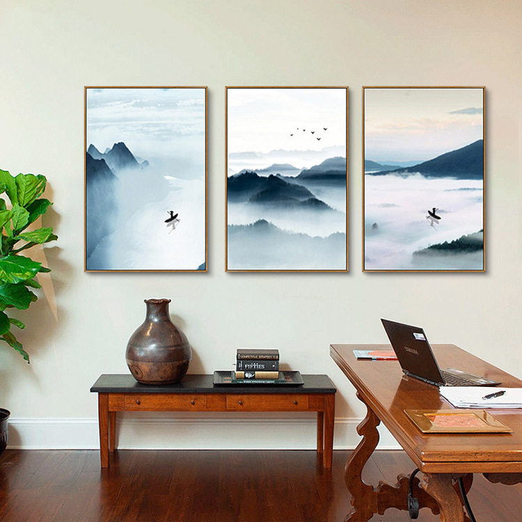 大芬厂客厅三联框组合油挂画山水新中式电脑喷绘油画酒店装饰油画