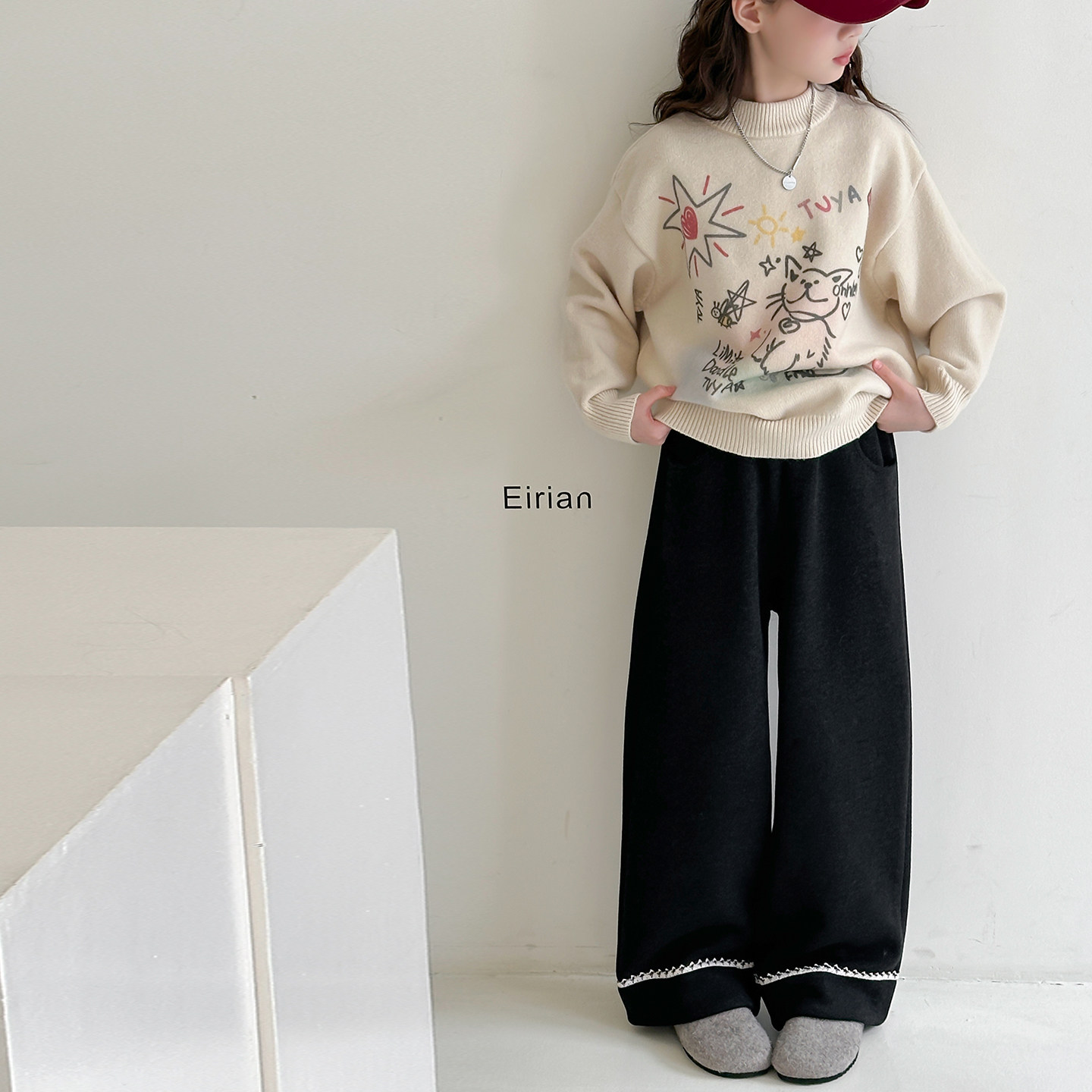 女童冬季加绒直筒裤套装2025新款儿童加厚宽松直筒裤卫衣毛衣两件