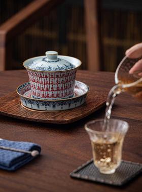 天青汝窑青花千佛盖碗月瓷白陶盖碗大号单才三泡茶汝瓷89587开片