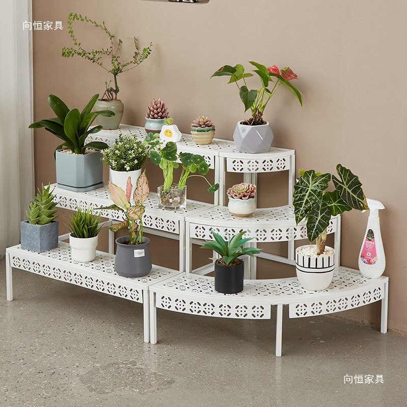 室内花架置物架阳台铁艺阶梯落地式多层户外庭院多肉白色花盆架子