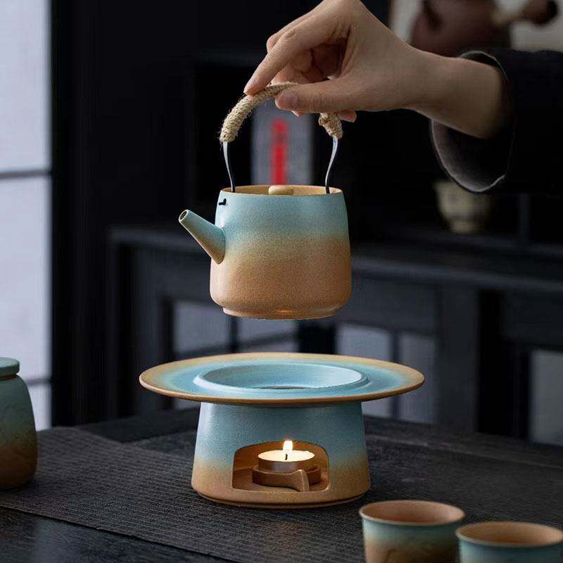 提梁壶陶瓷茶壶功夫暖茶炉壶煮茶器蜡烛加热底座粗陶温茶炉小套装