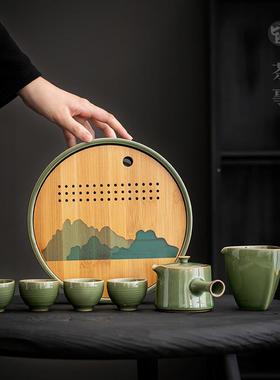 复古形圆储水茶盘家托用陶瓷泡茶台创意山水73755茶托盘沥水盘茶具盘