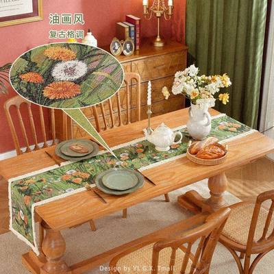 商厢复古绿色桌桌布感桌202SHtb-7825旗新款餐电视柜条长尾毛巾家