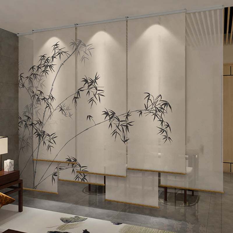半透水墨竹国风透景屏风纱中式卷帘隔断帘挂帘水墨窗帘纱帘透光