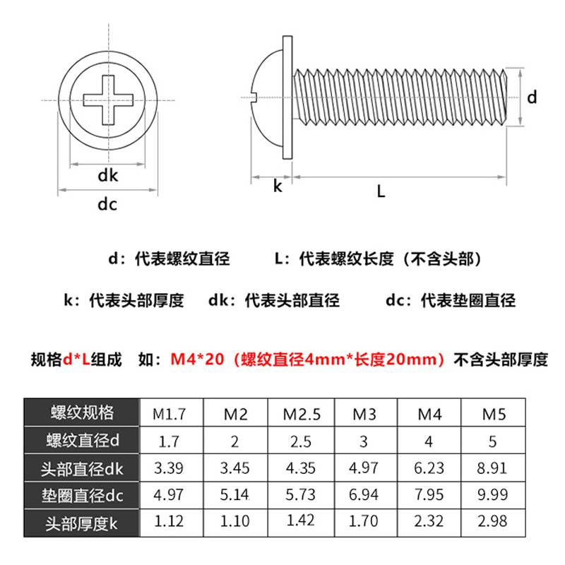 PWM黑色带垫机牙螺丝 圆头介子盘头大帽家电电器汽车摩托小螺钉S