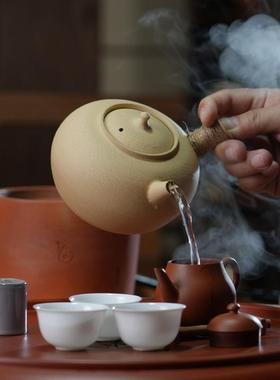碨潮砂州手工铫围炉煮茶工夫茶炭炉侧煮茶壶69191玉把书手工矿泥