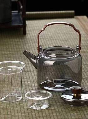 高硼硅玻壶梁黑27750胡桃木把烟灰色提茶壶蒸煮璃双胆泡茶器明火加热