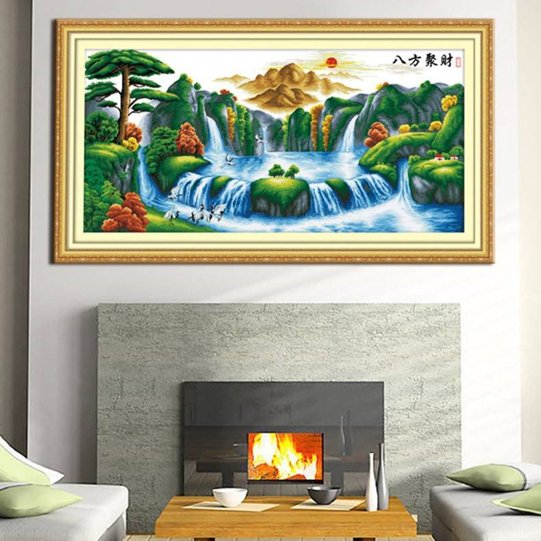 青飞八方聚财聚宝盆十字绣招财进宝迎客松客厅山水风景钻石画满钻