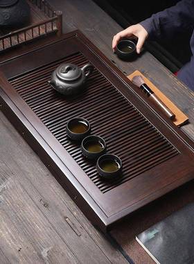 家用檀木实木茶茶黑盘36252茶简台茶海不锈钢蓄水排水双用底盘约黑檀盘