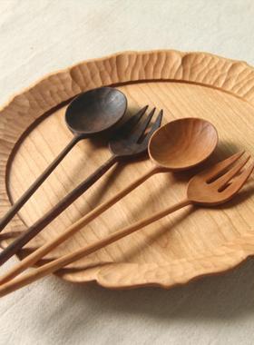 子雨木长柄饭勺子叉勺黑胡桃实木勺叉刻子烘培吃家长柄叉勺用雕工