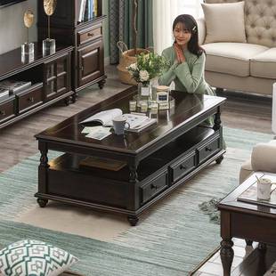美实木式 约胡复古轻奢客厅家用家具 茶几电视柜组合黑桃欧简N02式