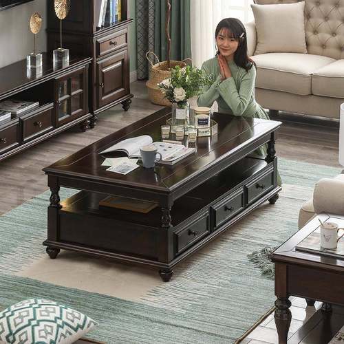 美实木式茶几电视柜组合黑桃欧简N02式约胡复古轻奢客厅家用家具
