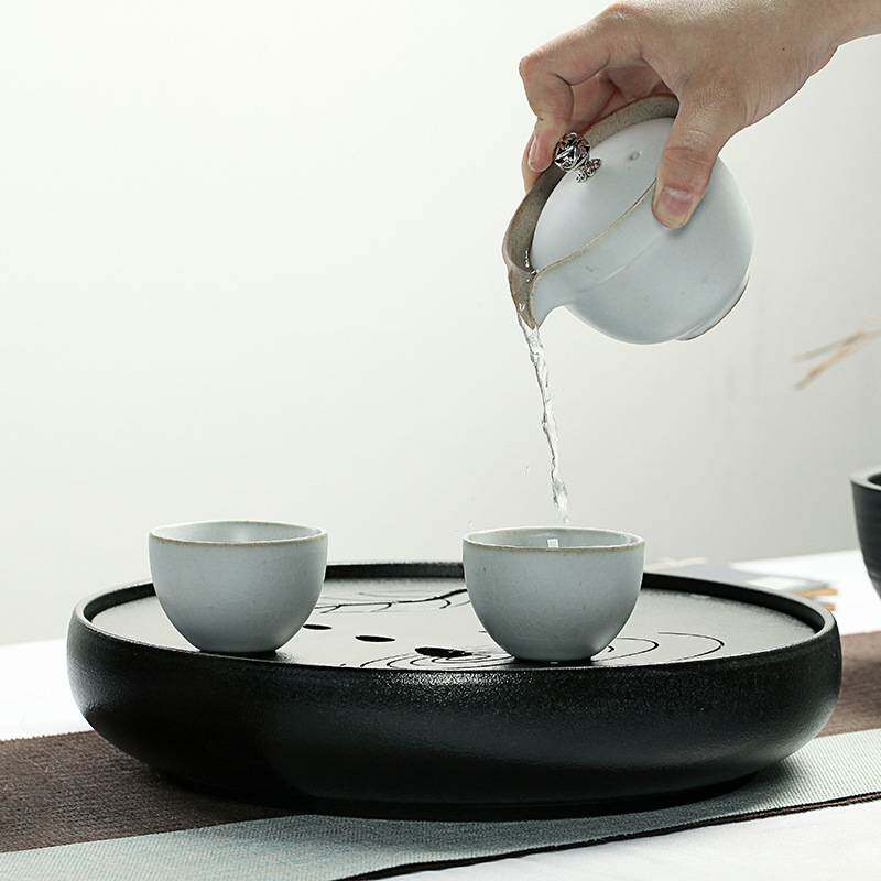 黑陶干泡茶盘陶瓷干冰茶具圆形小号茶盘储水家用套装复古陶瓷批