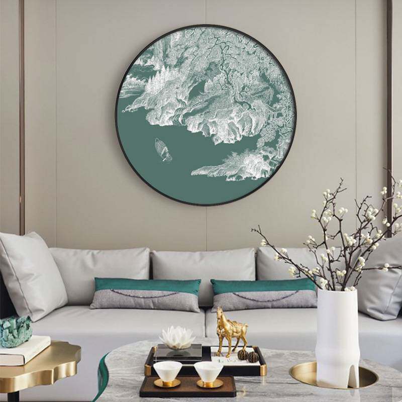 新中式禅意装饰画入户玄关圆形挂画软装样板房客厅沙发背景风景画