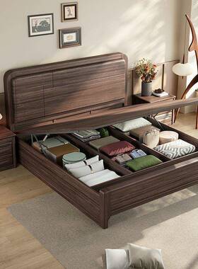 fL卧E新中式黑胡桃现5代简约1米8双人床1.米x-151主大床全实木储