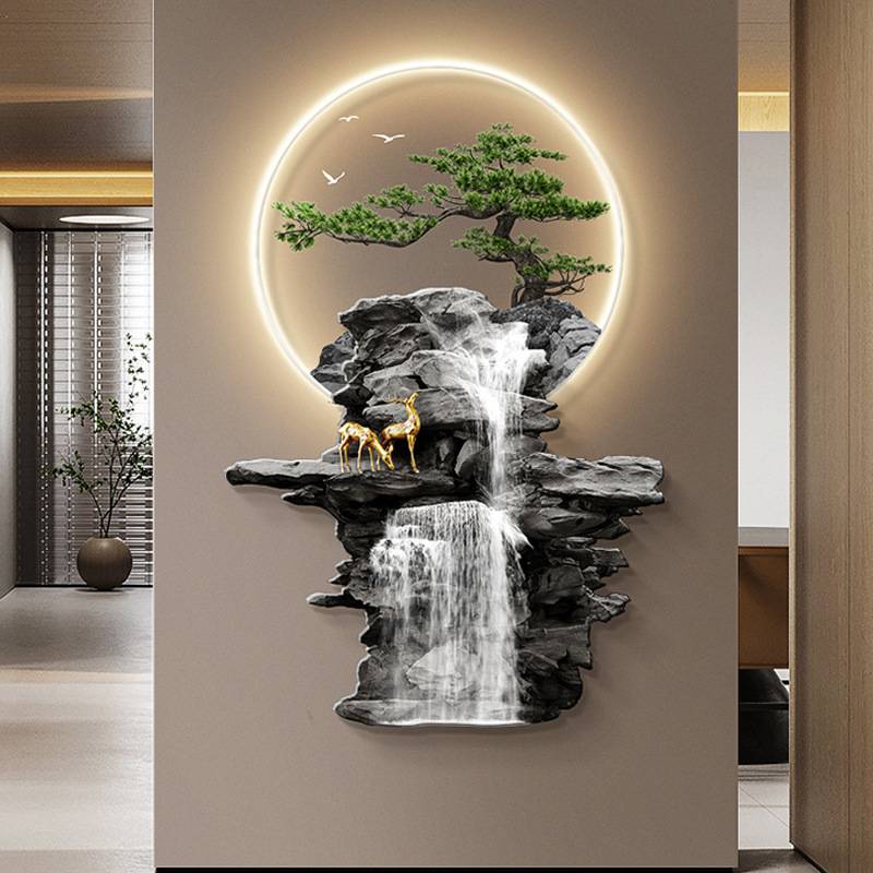 流水生财玄关装饰画带灯新中式麋鹿走廊过道挂件画迎客松发光壁饰