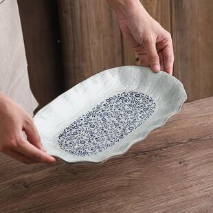 TNN新款大餐具鱼家蒸用盘菜盘椭鱼圆荷口创意盘长盘感深陶瓷盘子