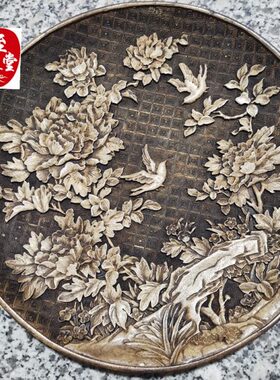 古玩收藏做旧雪花玉牡丹鸟语花香盘子客厅桌面摆件不送支架