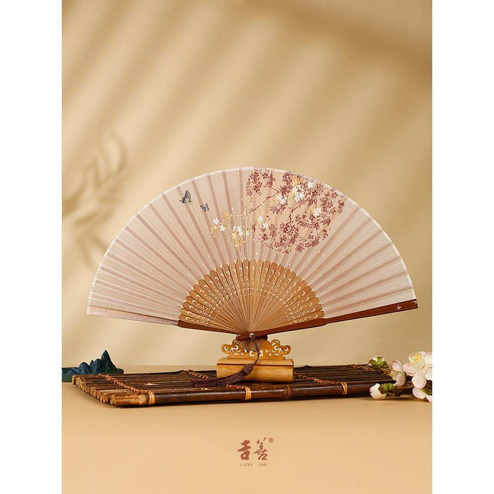 扇子寸丝绸女士扇中国风折扇漆边女扇出国礼品扇杭州丝绸扇