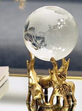 费灵家居印度进口手工黄铜大象水晶球书房摆件地球仪装饰工艺品