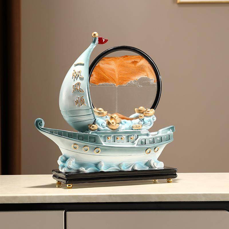 一帆风顺帆船沙摆件创意视沙漏画客厅酒柜电柜办616公室桌面装饰