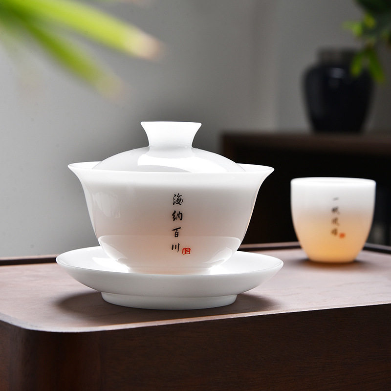 薄胎羊脂玉冰种玉瓷家用功夫泡茶茶壶白瓷家用单个大容量三才盖碗