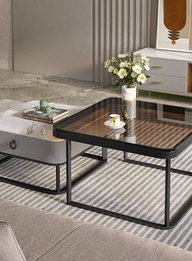 方形茶几玻璃岩板红奢大小组合现代小户型轻客厅艺SLSL-YP铁茶桌