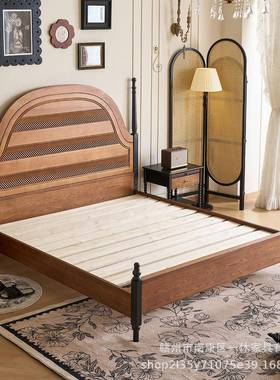 法式复古A33#床中古高风床1米85美式双人白蜡木靠背主卧1.米实全木床