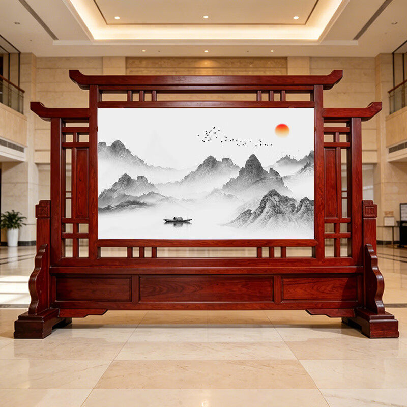 2026款实木落地屏风客厅玄关隔断办公室大厅实木座屏山水装饰屏风