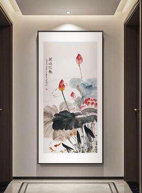 水墨荷花鲤挂入画中式水墨画户玄关饰画招HD902769财锦装过道尽头