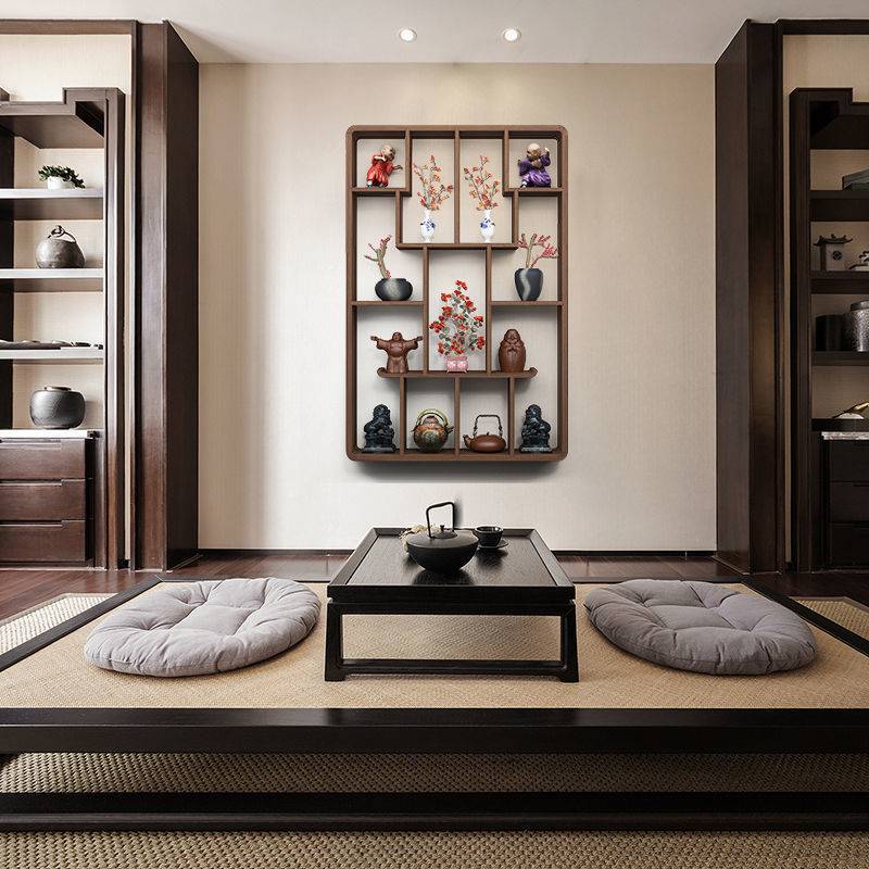 新中式实木博古架壁挂多宝阁客厅墙上置物架简约现代展示架茶架