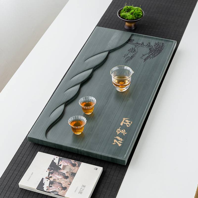 天然绿檀木纹石茶盘家用简约整块石头茶台大茶海轻奢小型排水托盘