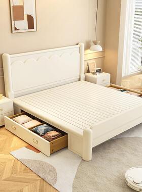 法式奶油风白色1.户8m实简木床约现代主床卧1.5m双人小型储A306物