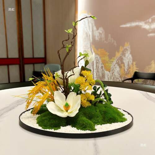 动F98T7M9T新中式酒店大圆桌盘中间摆花餐餐厅电转摆件装饰品景观