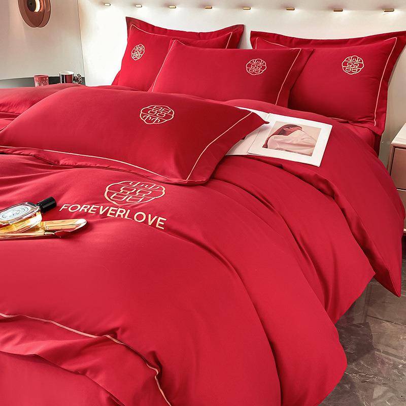 庆婚水洗棉喜套庆四件套中式大红床单高BB-0620档刺色绣被结婚房