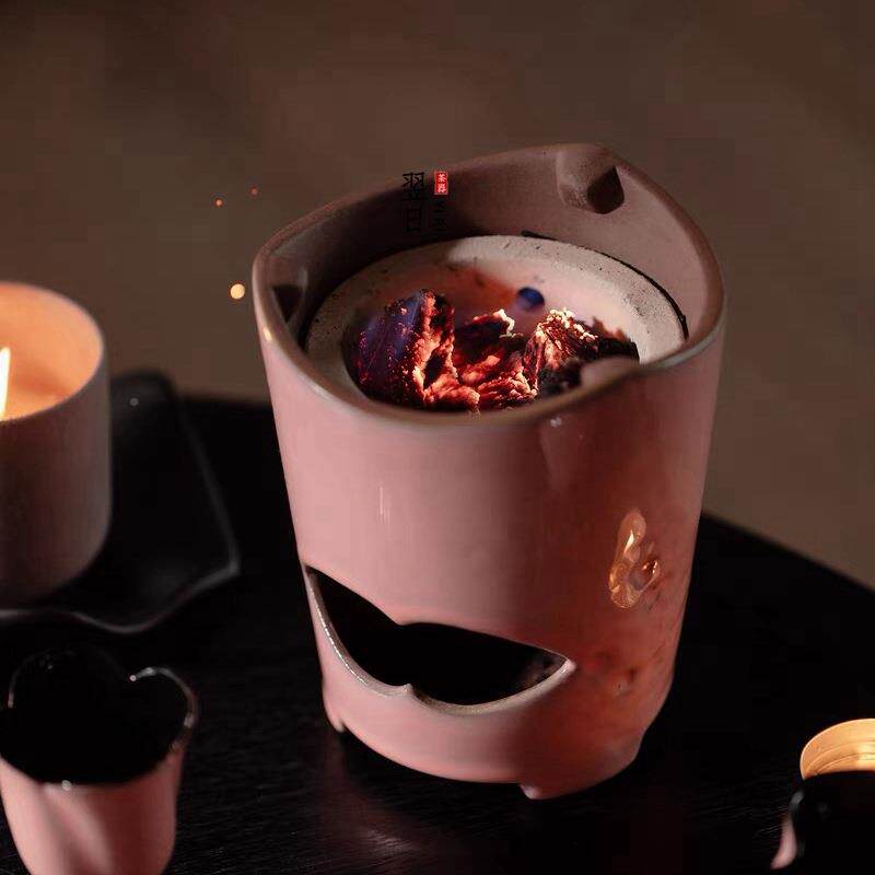 翌YR250234日流粉黛入梦梁霞煮茶壶日式粗提陶复古诧炉寂风碳炉围