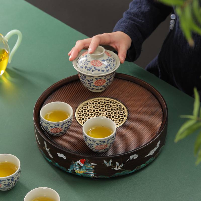 九竹圆形贴花蓄水茶盘楠竹胡桃色功夫泡茶盘家用高档储水茶盘茶具